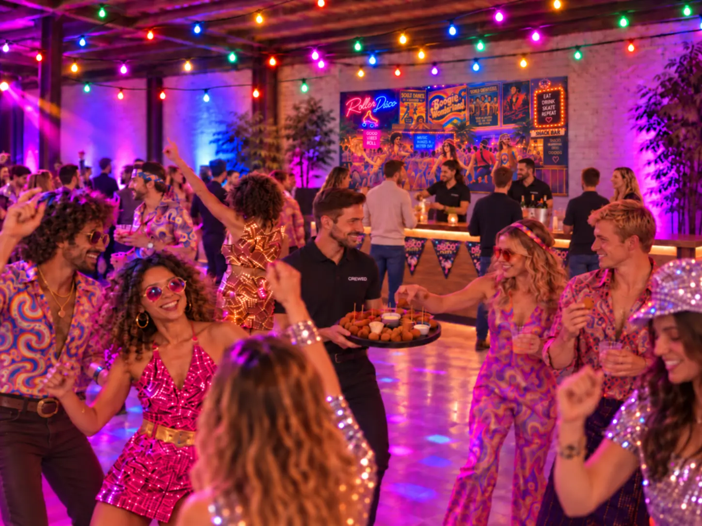 Bittergarnituur tijdens personeelsfeest in disco thema