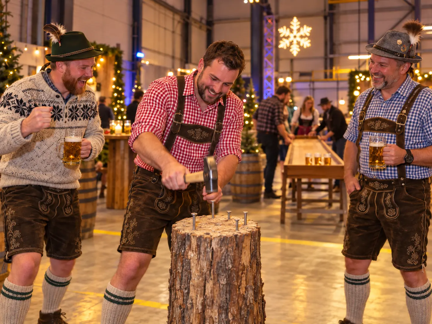 Spijkerslaan en bierpul sjoelen tijdens Winter Wonderland bedrijfsfeest